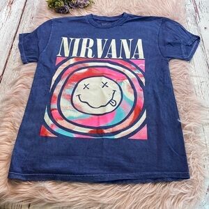 NWOT Nirvana Smiley Swirl Blue Unisex Short Sleeve Tee sz M
